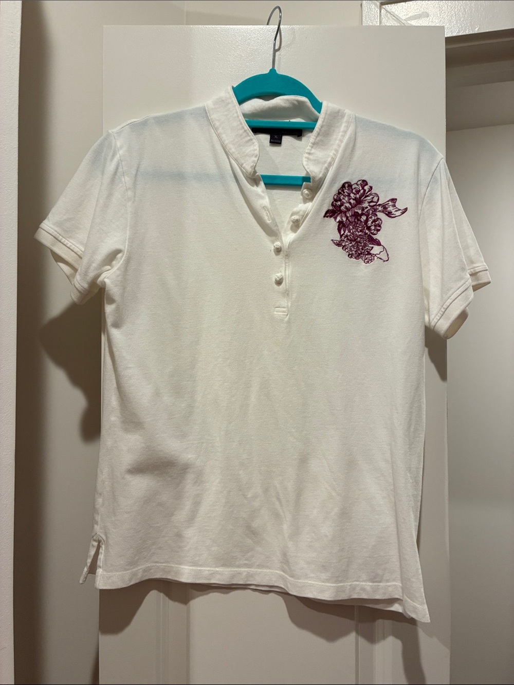 Shanghai Tang White Polo Top with Purple Floral Embroidery